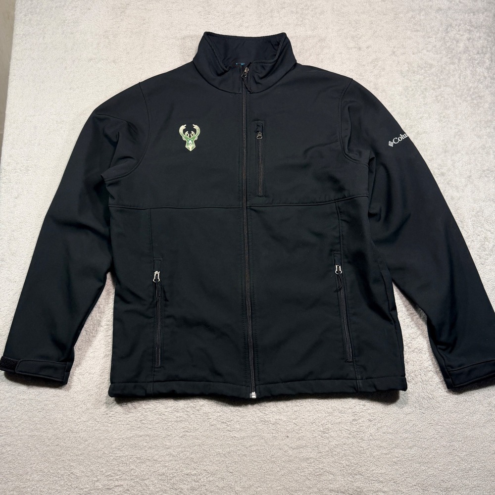 Columbia Softshell Jacket Mens Medium Black Milwaukee Bucks NBA Full Zip Logo